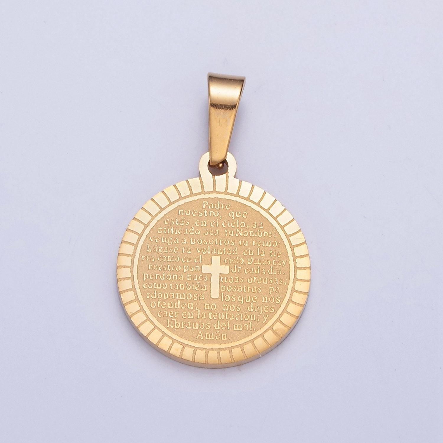 Stainless steel round circle sunburst tiny cross charm spanish the lord's prayer padre nuestro for religious necklace pendant | i-439, i-444