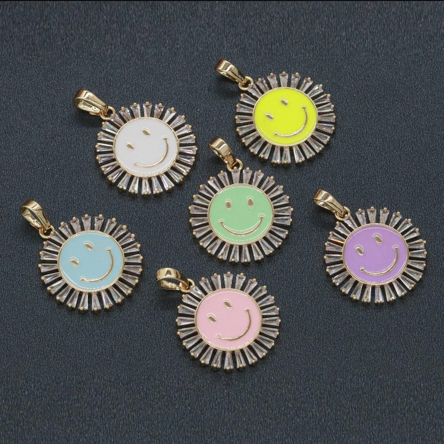 Round smile face charm cubic happy face pendant for necklace earring component enamel y2k jewelry trend white teal pink blue i247