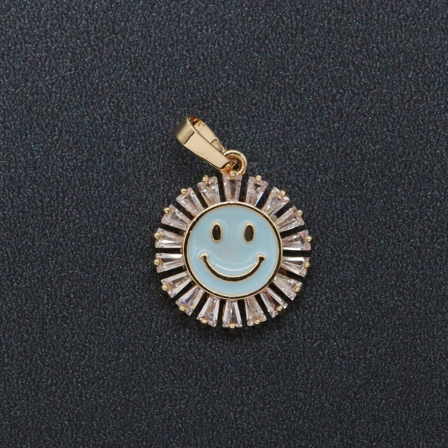 Round smile face charm cubic happy face pendant for necklace earring component enamel y2k jewelry trend white teal pink blue i247