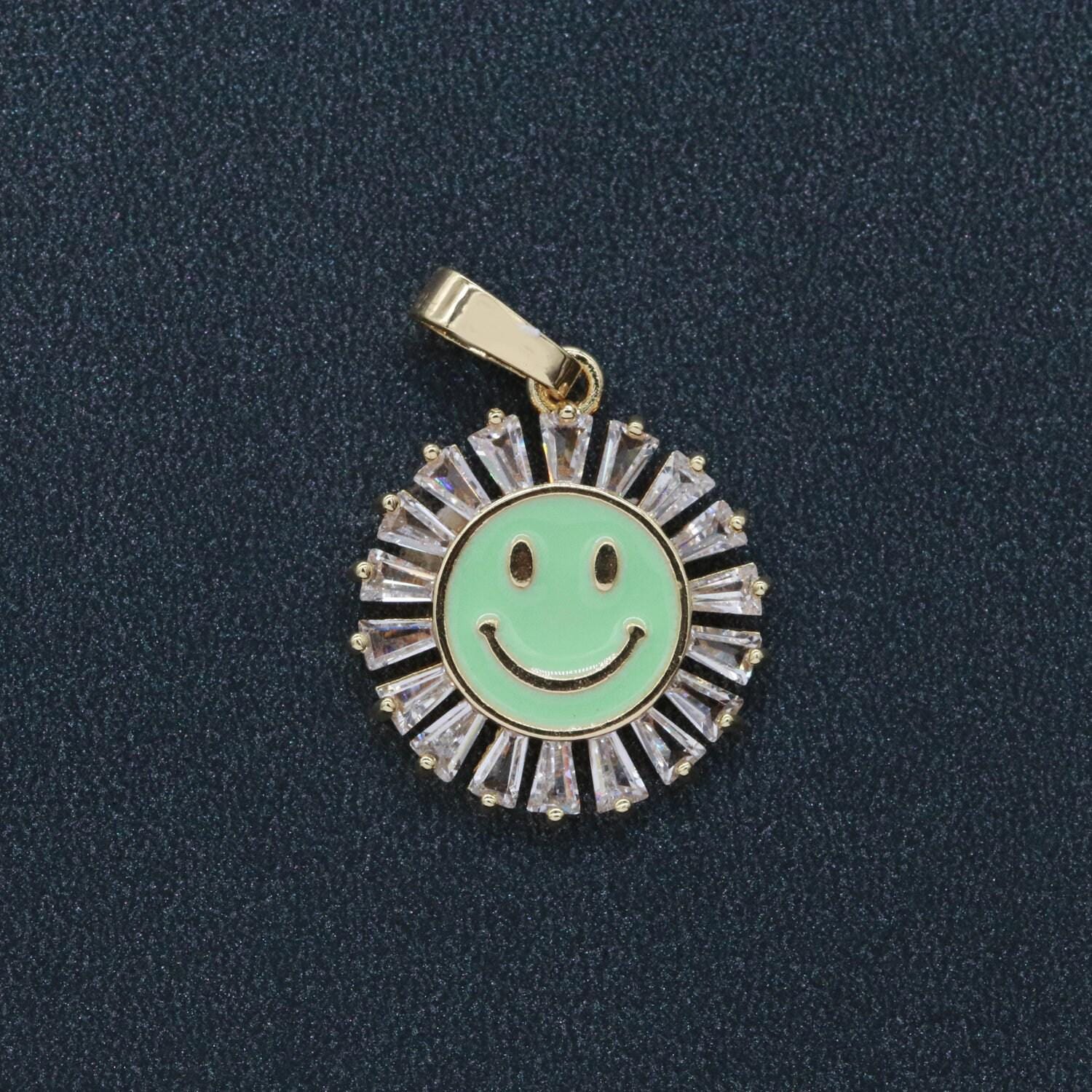 Round smile face charm cubic happy face pendant for necklace earring component enamel y2k jewelry trend white teal pink blue i247