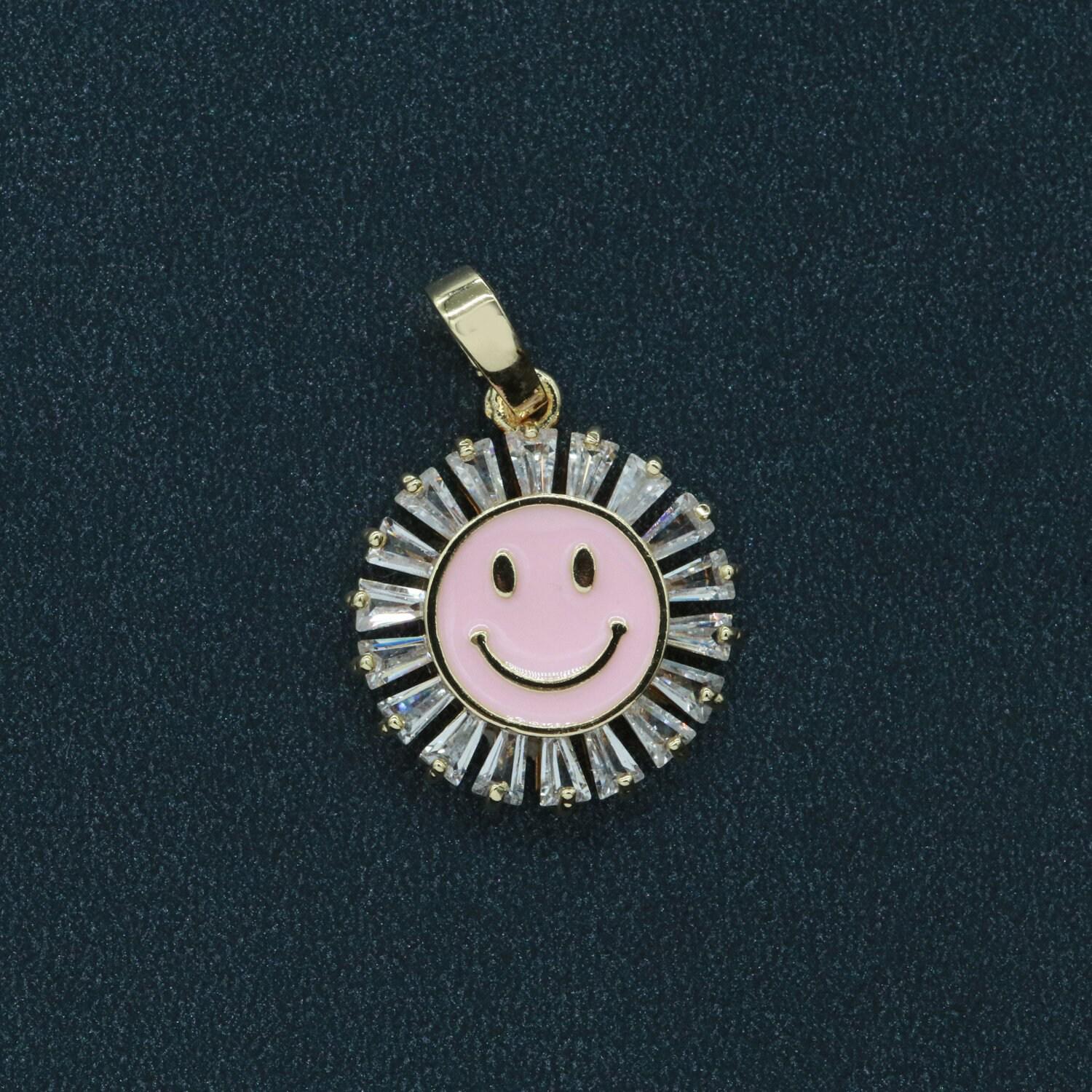 Round smile face charm cubic happy face pendant for necklace earring component enamel y2k jewelry trend white teal pink blue i247