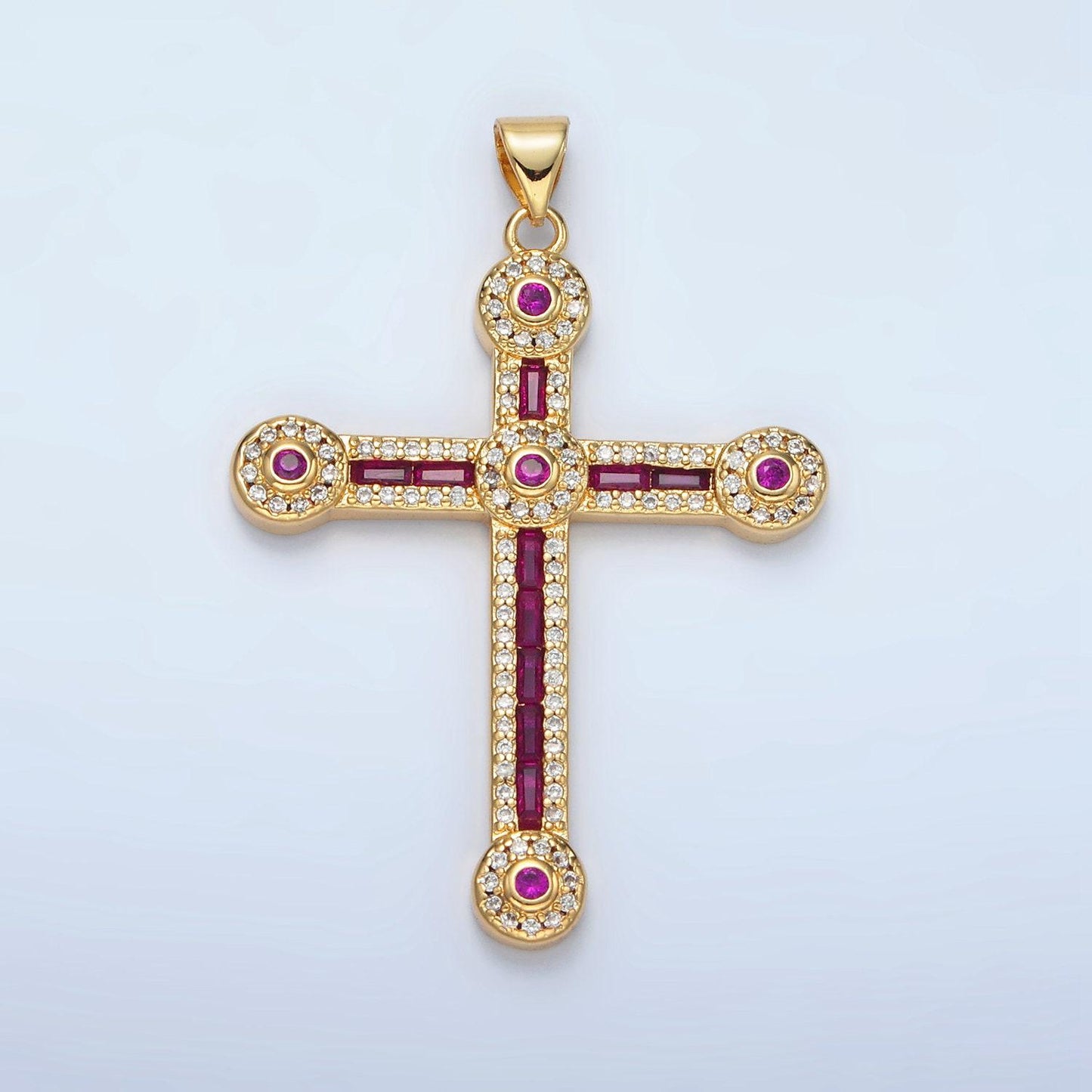 Gold cross rectangle cut baguette cubic zirconia pendant, religious christian charm for jewelry making, i423