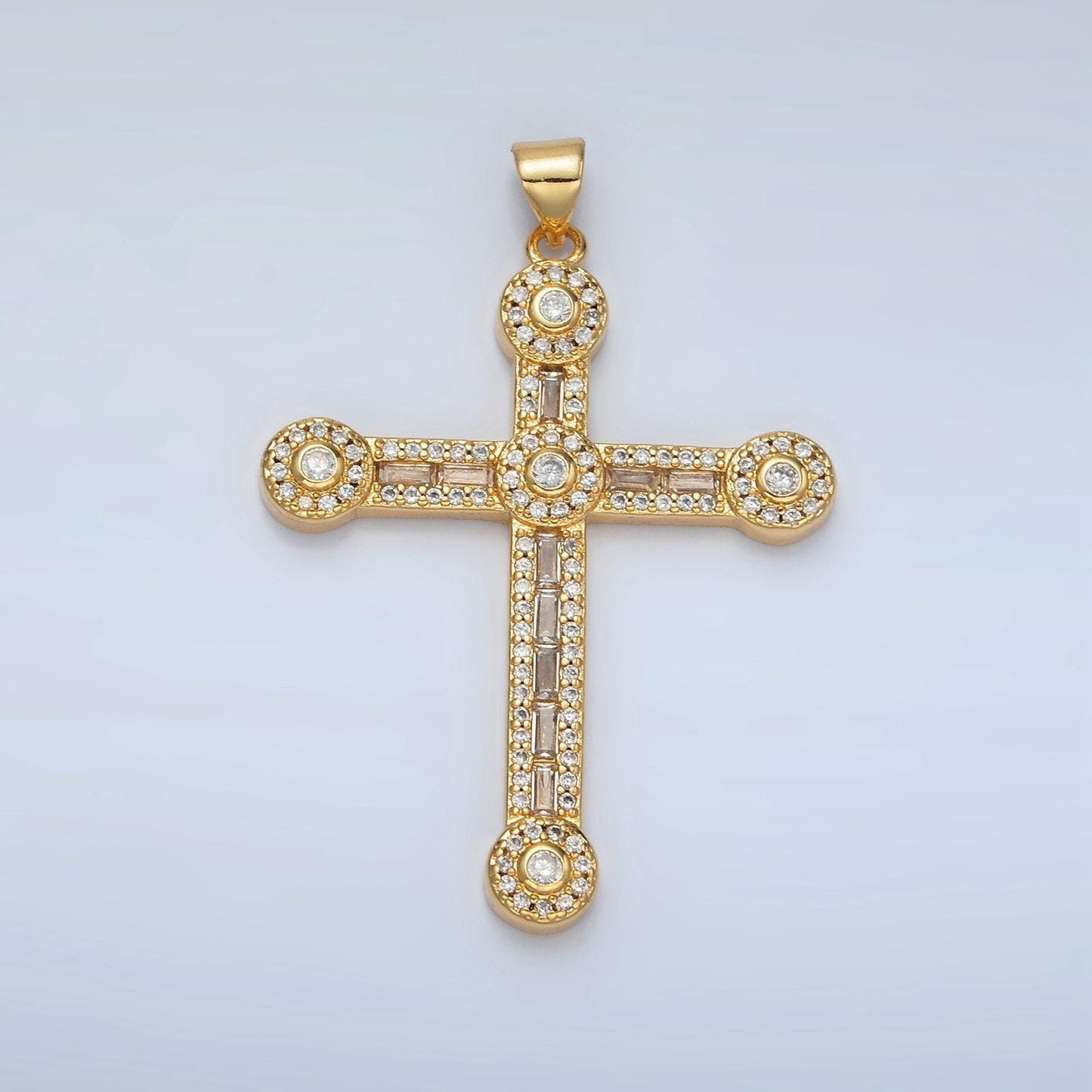 Gold cross rectangle cut baguette cubic zirconia pendant, religious christian charm for jewelry making, i423