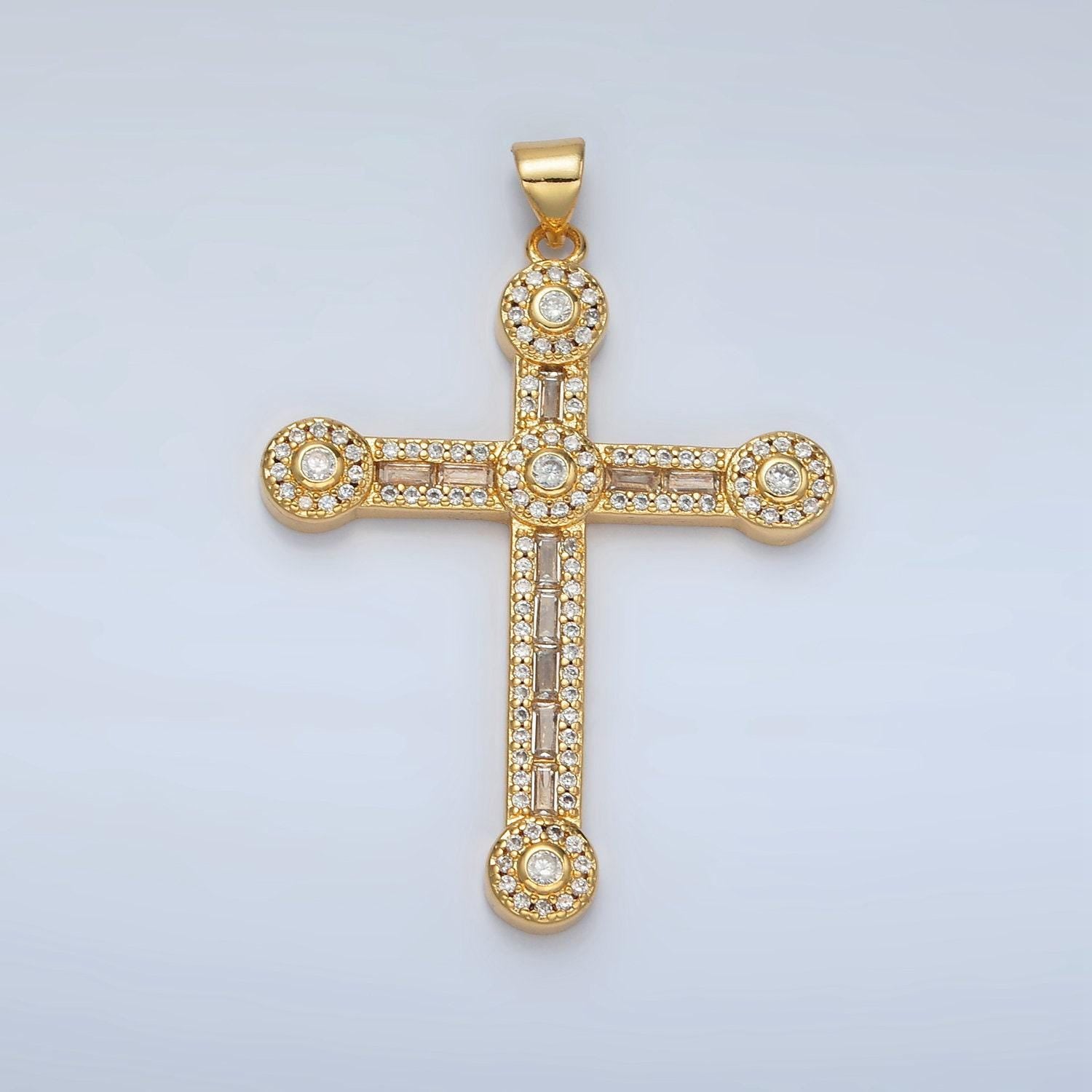 Gold cross rectangle cut baguette cubic zirconia pendant, religious christian charm for jewelry making, i423
