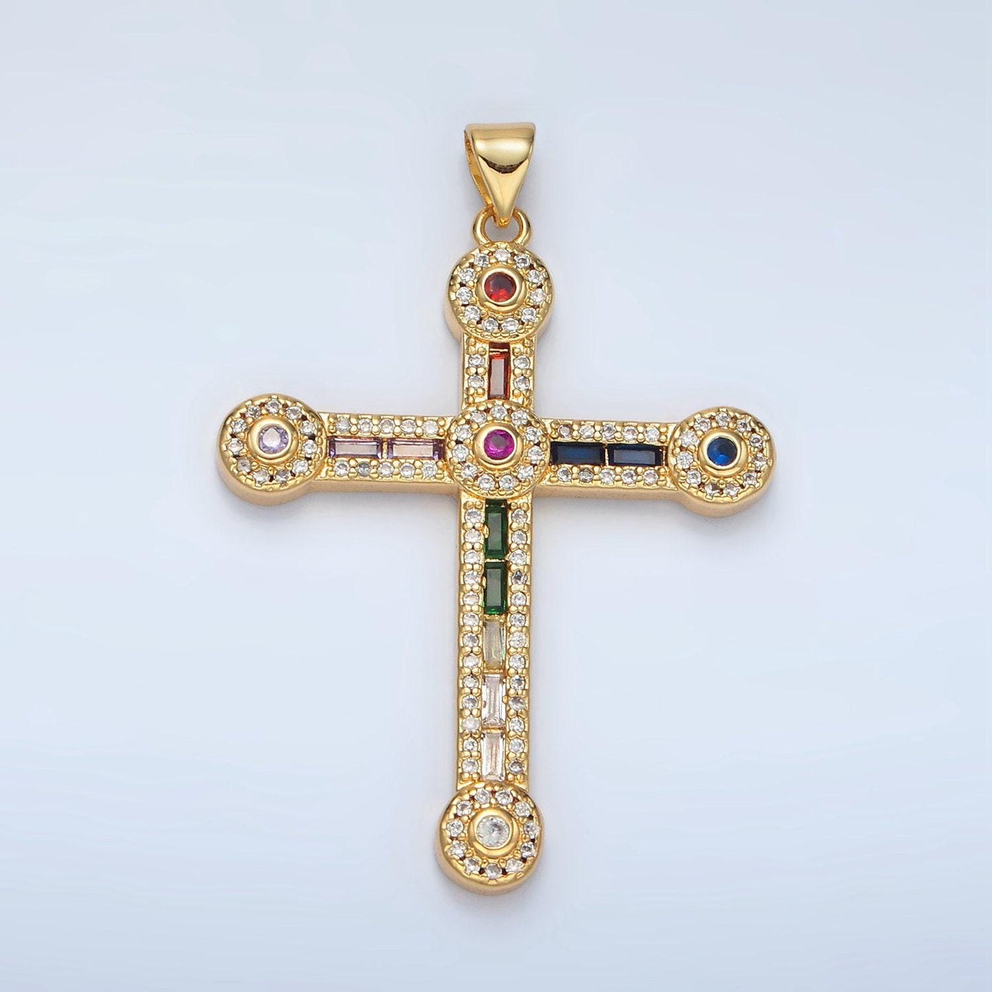 Gold cross rectangle cut baguette cubic zirconia pendant, religious christian charm for jewelry making, i423