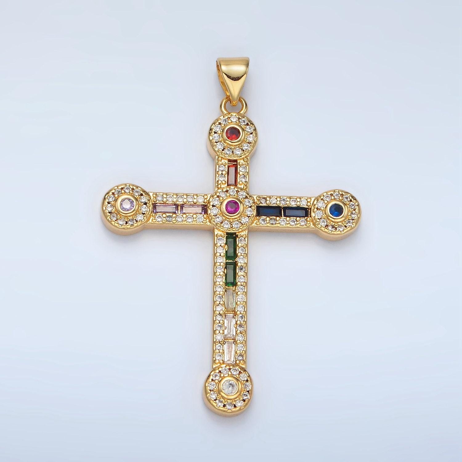 Gold cross rectangle cut baguette cubic zirconia pendant, religious christian charm for jewelry making, i423