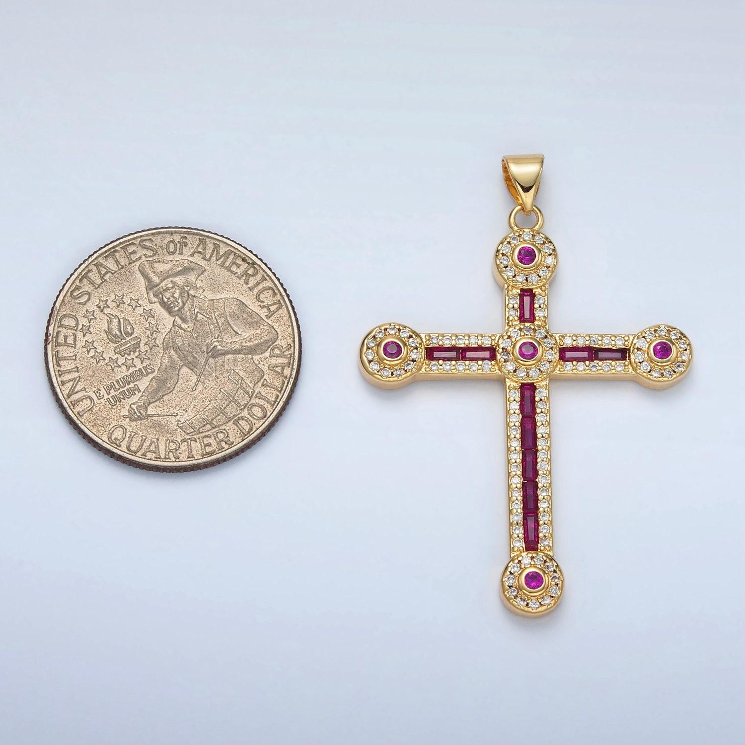 Gold cross rectangle cut baguette cubic zirconia pendant, religious christian charm for jewelry making, i423