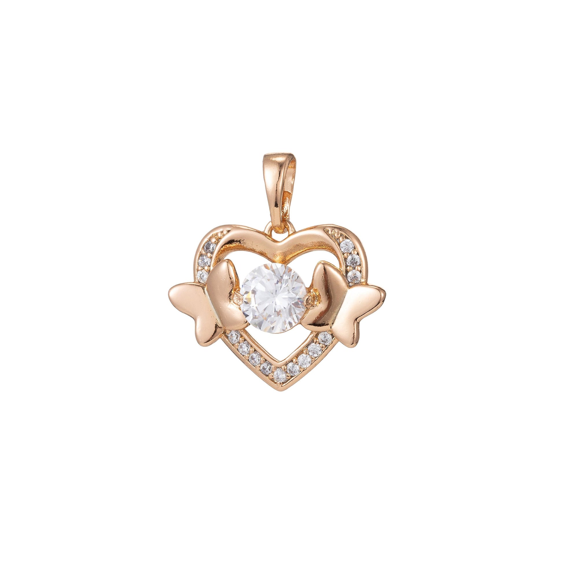 1pc 18k gold filled micro pave cz heart pendant charm, hearts with dual butterfly pendant charm, heart pendant, pdgf-1352
