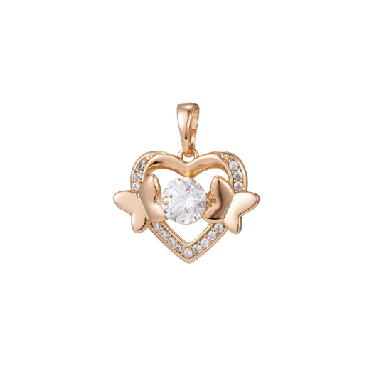 1pc 18k gold filled micro pave cz heart pendant charm, hearts with dual butterfly pendant charm, heart pendant, pdgf-1352