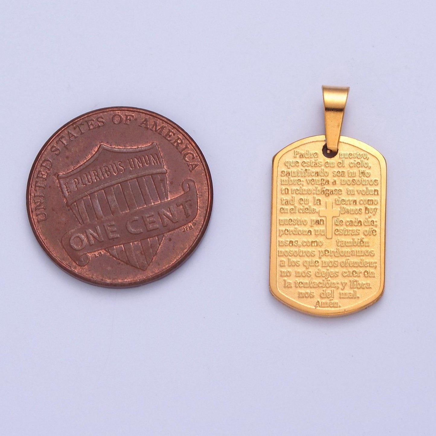 Stainless steel spanish the lord's prayer script tag w. tiny cross charm, padre nuestro for religious necklace pendant | i-354, i-396
