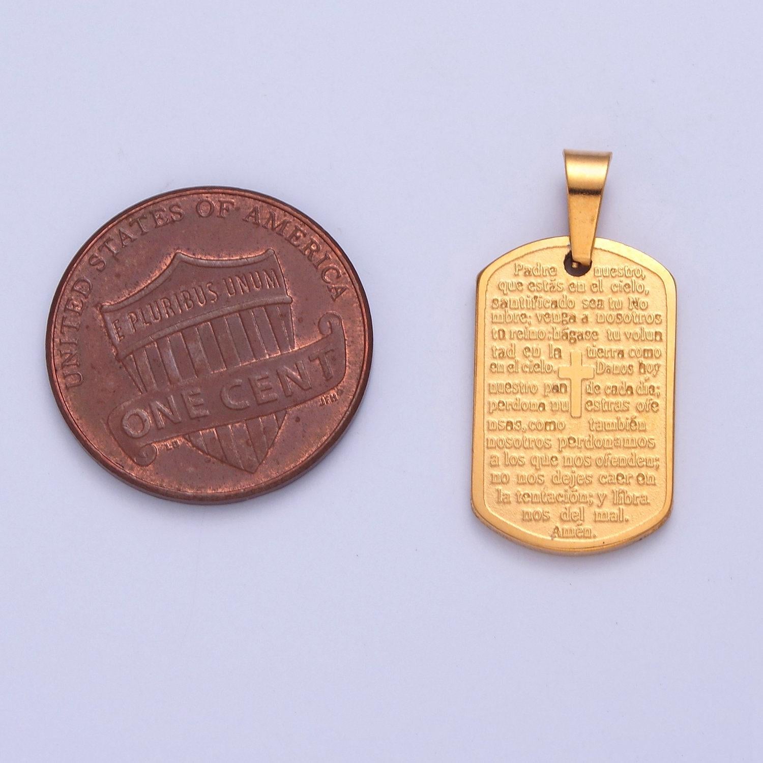 Stainless steel spanish the lord's prayer script tag w. tiny cross charm, padre nuestro for religious necklace pendant | i-354, i-396