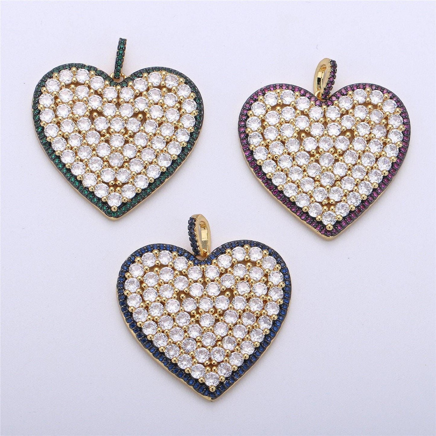 1x statement jewelry blue, green, pink micro pave heart pendant cubic heart pendant in 24k gold filled charm love jewelry necklace supply