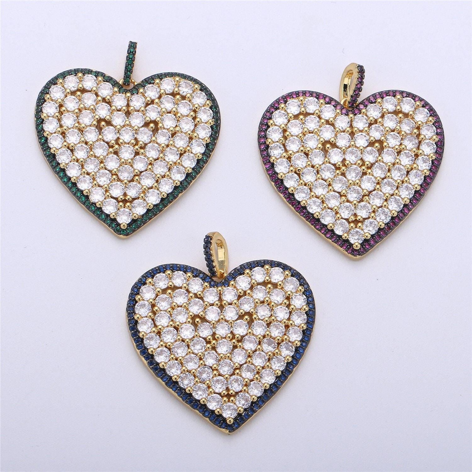1x statement jewelry blue, green, pink micro pave heart pendant cubic heart pendant in 24k gold filled charm love jewelry necklace supply