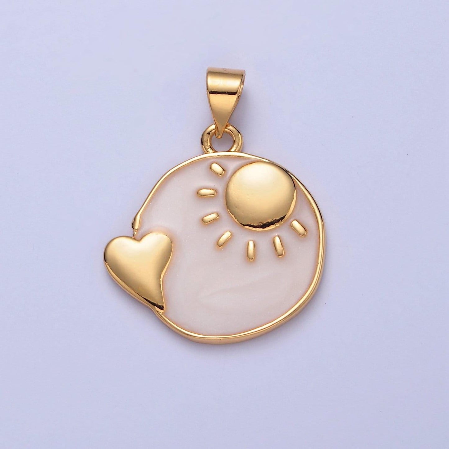 24k gold filled heavenly pink sun heart round disc coin charm, sunlight love heart pendant for minimalist jewelry design | i-336