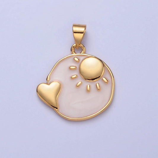 24k gold filled heavenly pink sun heart round disc coin charm, sunlight love heart pendant for minimalist jewelry design | i-336