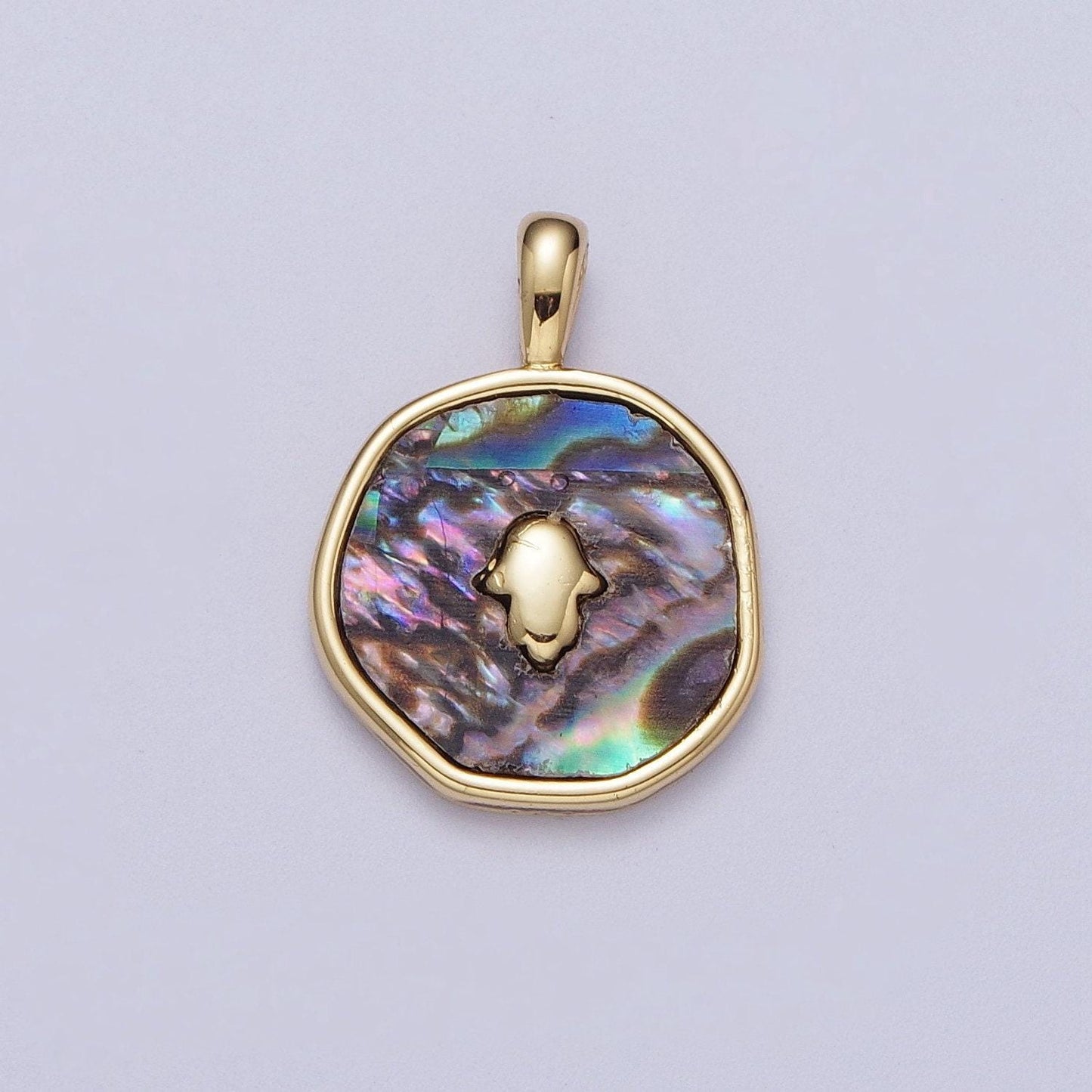14k gold filled hamsa hand shell pearl, abalone round charm pendant for minimalist jewelry | i294 i316