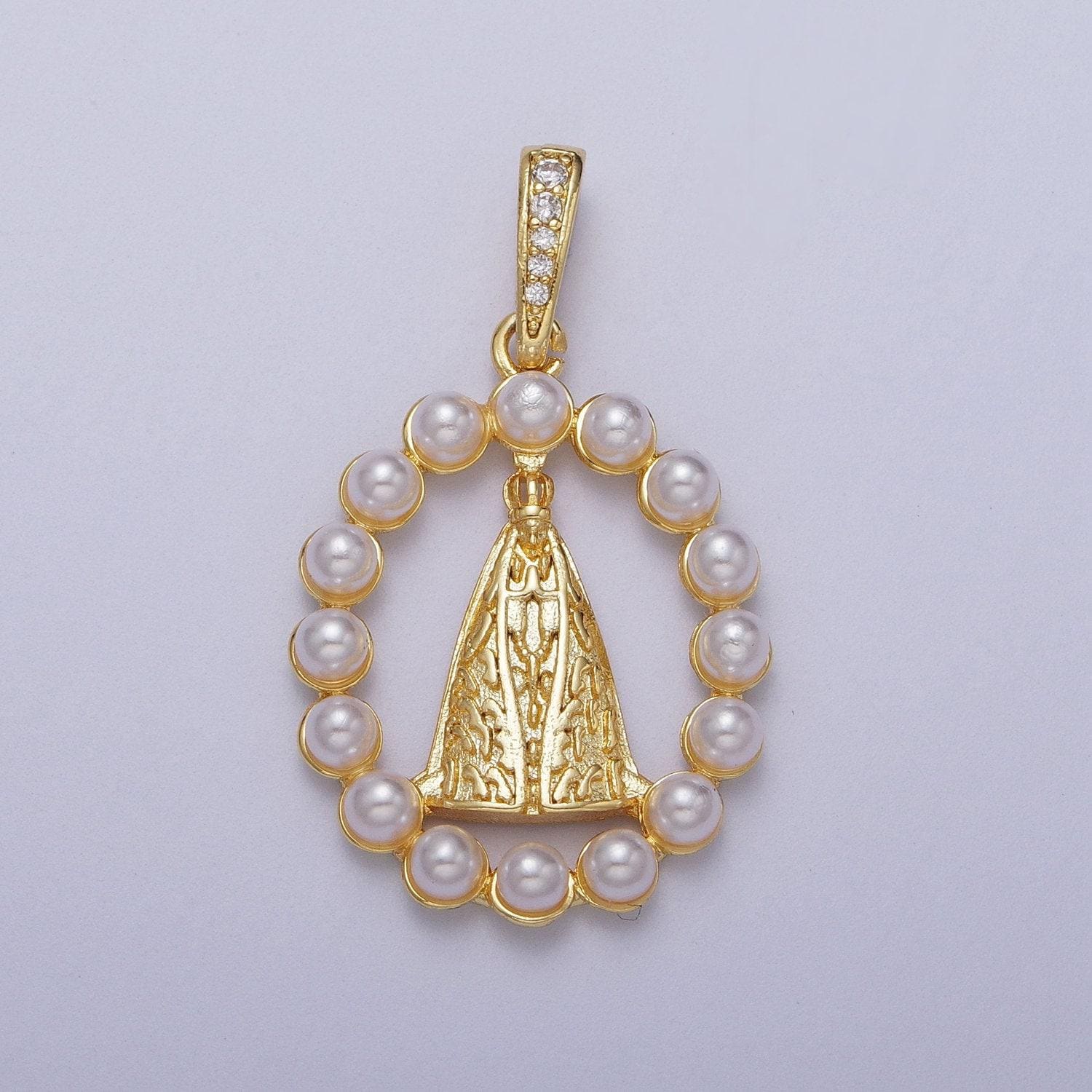 Gold cz mother of pearl nossa senhora aparecida pendant 24k gold plated catholic jewelry clear micro paved cz religious cross charm | i-278