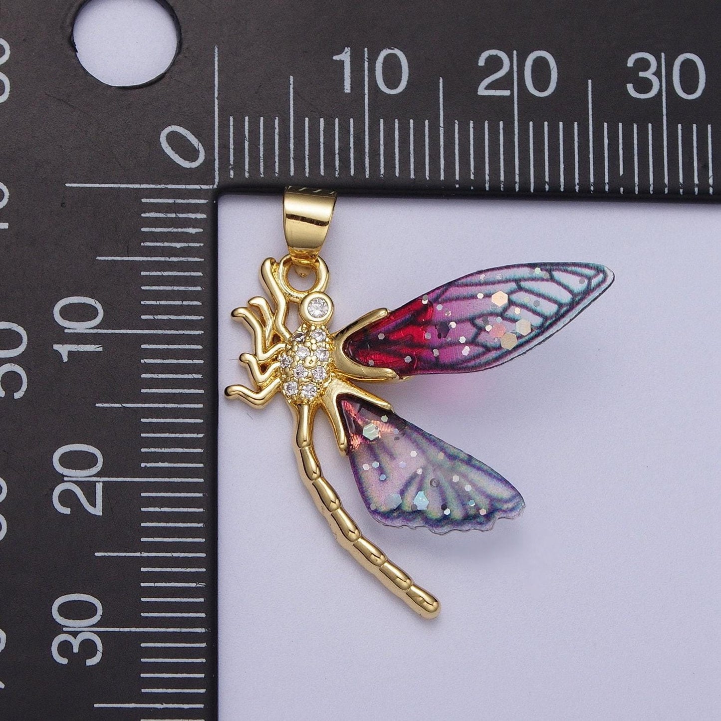 Gold cz blue & fuchsia fairy dragon fly wings pendant, 24k gold filled micro paved cz resin beautiful sparkly insect wings charm