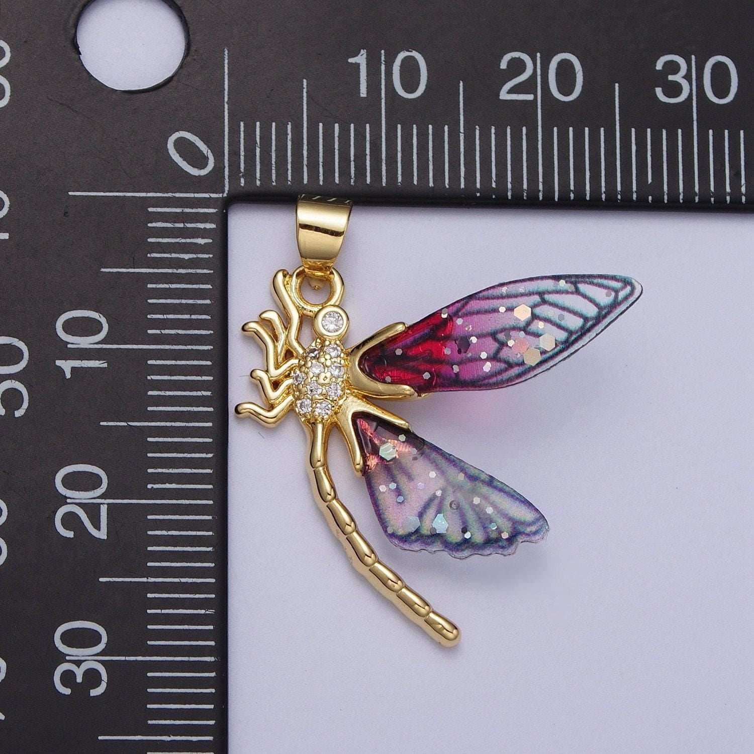 Gold cz blue & fuchsia fairy dragon fly wings pendant, 24k gold filled micro paved cz resin beautiful sparkly insect wings charm