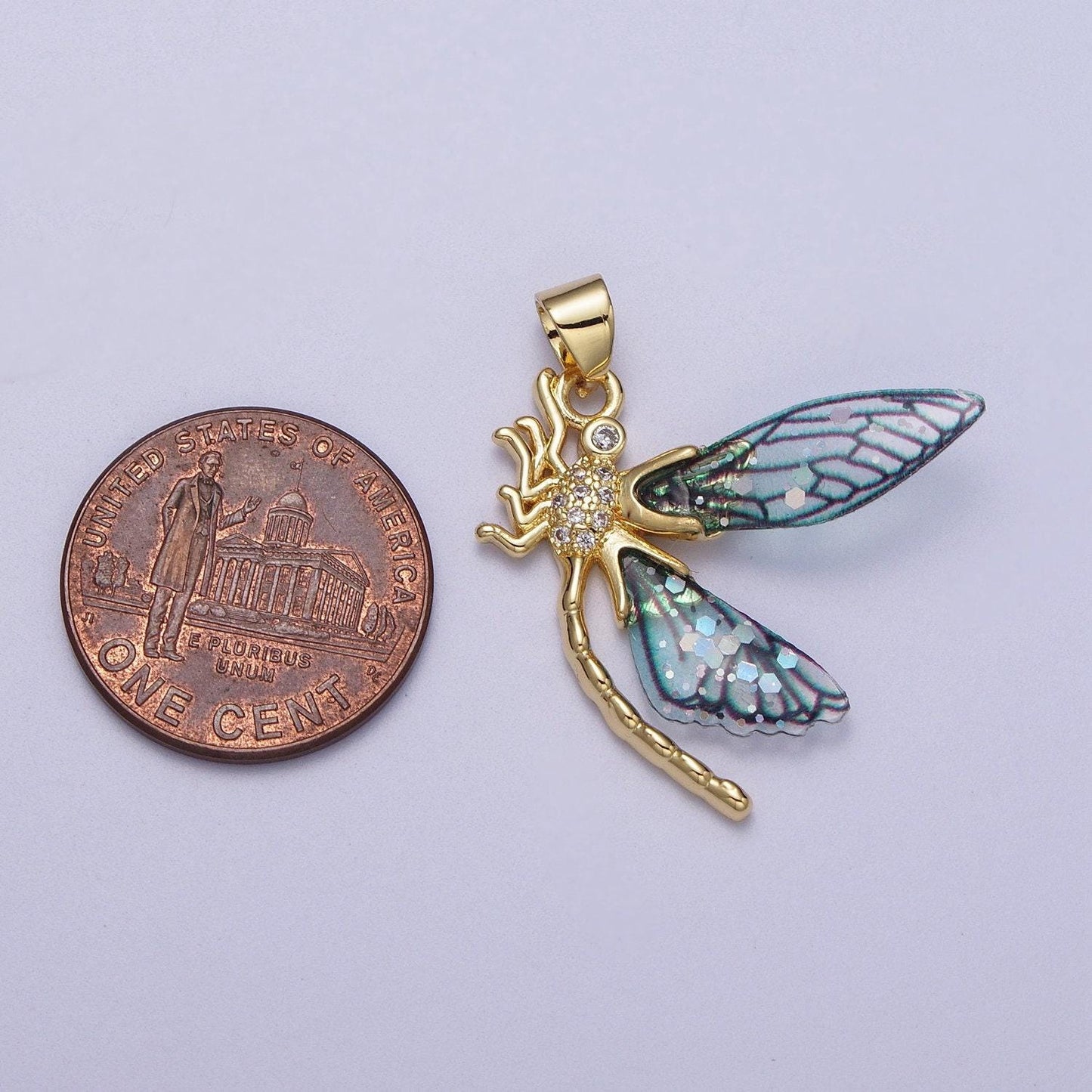 Gold cz blue & fuchsia fairy dragon fly wings pendant, 24k gold filled micro paved cz resin beautiful sparkly insect wings charm