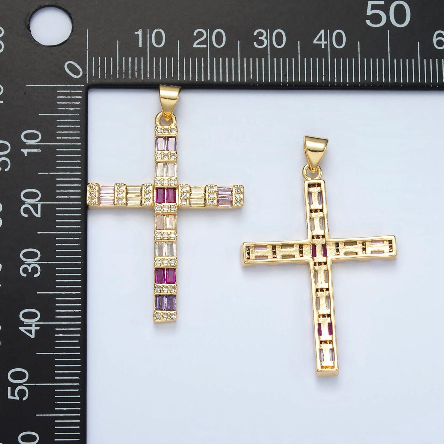 14k gold filled 35.6mm multicolor baguette micro paved cz cross pendant religious jewelry making supply | i-255