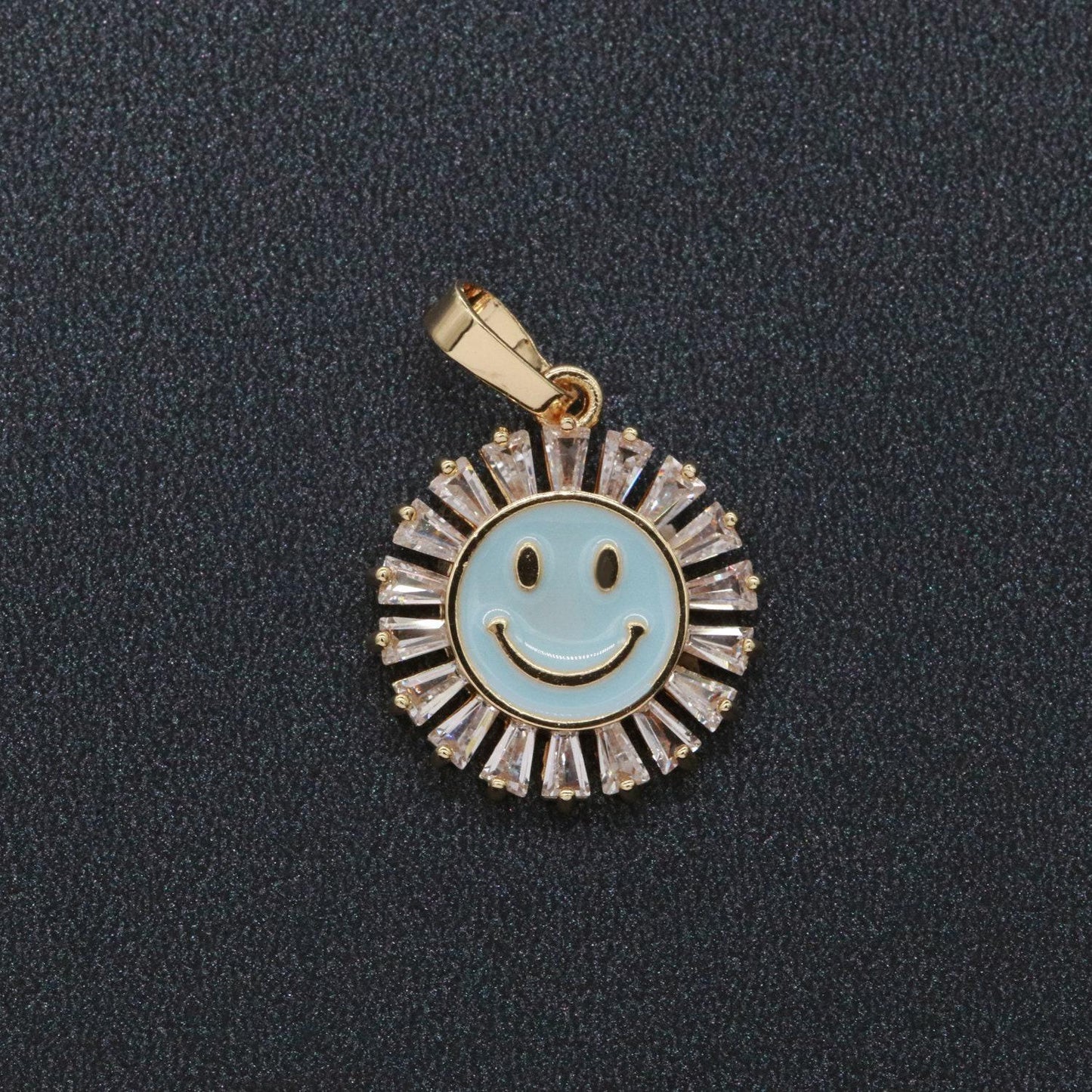 Round smile face charm cubic happy face pendant for necklace earring component enamel y2k jewelry trend white teal pink blue i-247