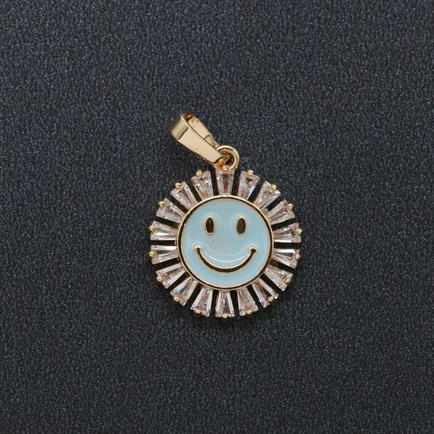 Round smile face charm cubic happy face pendant for necklace earring component enamel y2k jewelry trend white teal pink blue i-247