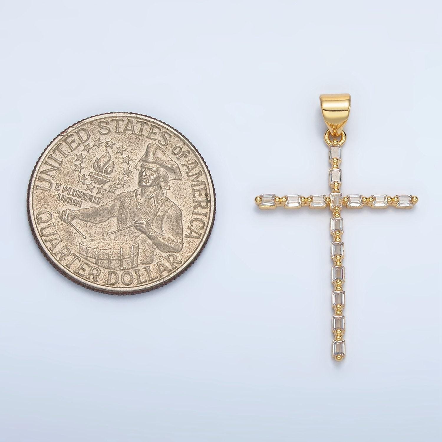 14k gold filled 31mm clear micro paved cz lined long latin cross religious pendant | i244
