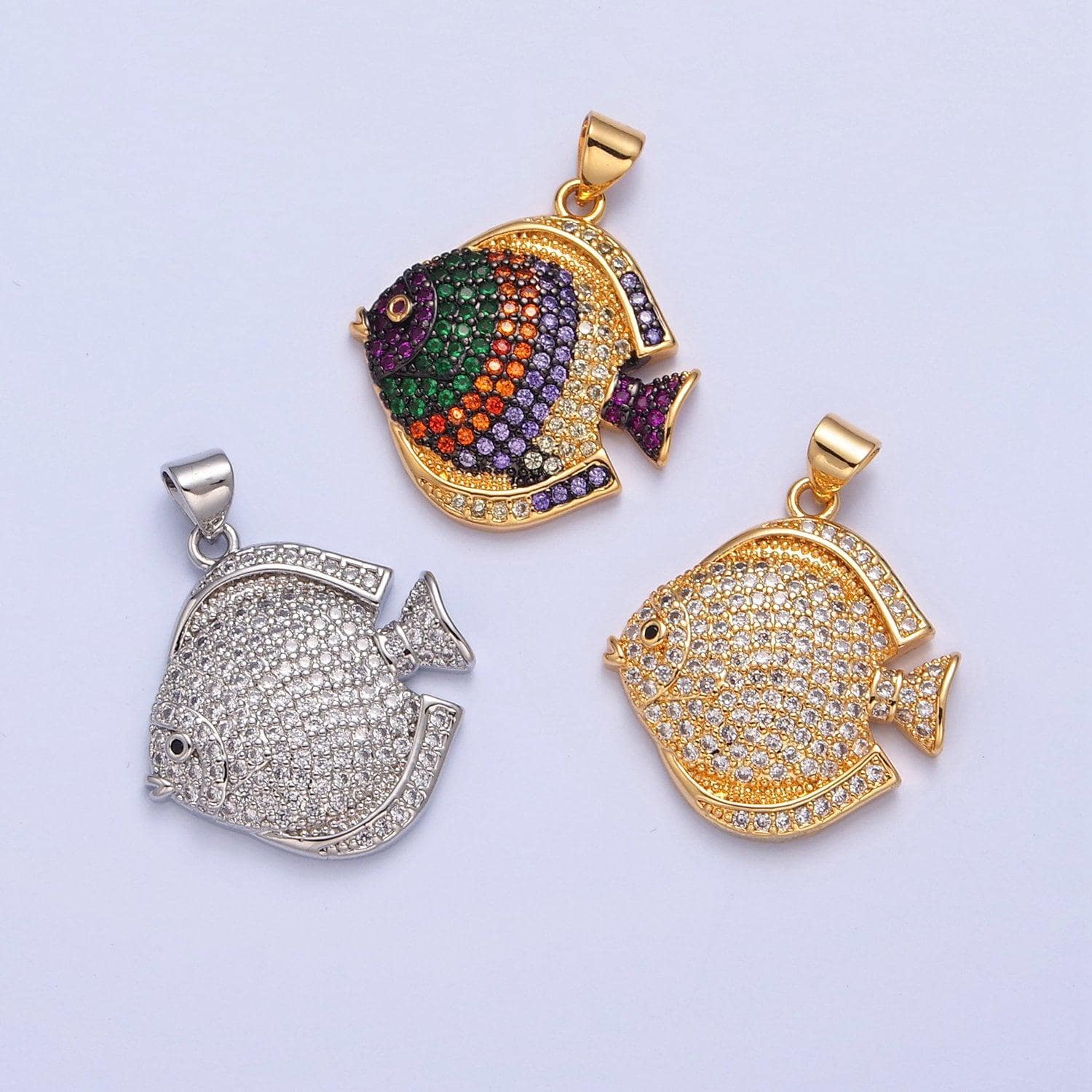 Iced gold cz fish charm micro colorful cz paved sea life fish pendant, sea animal beach life charm | i215