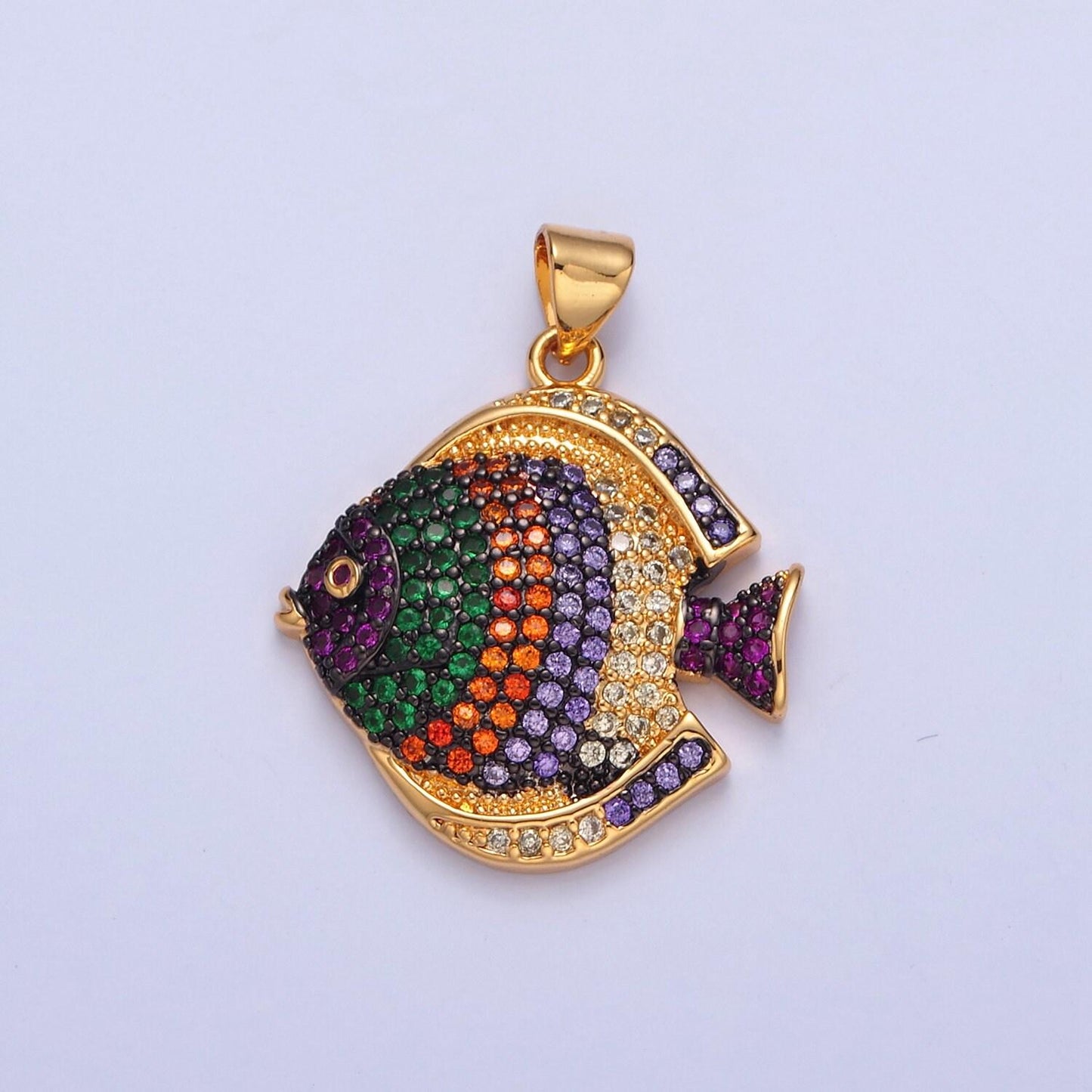 Iced gold cz fish charm micro colorful cz paved sea life fish pendant, sea animal beach life charm | i215