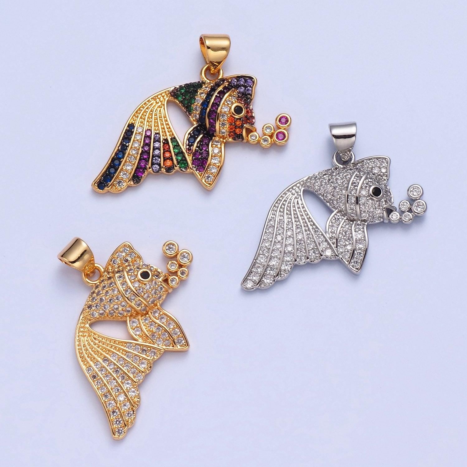 Rainbow gold fish charm micro colorful cz paved sea life fish pendant, sea animal beach life charm | i207