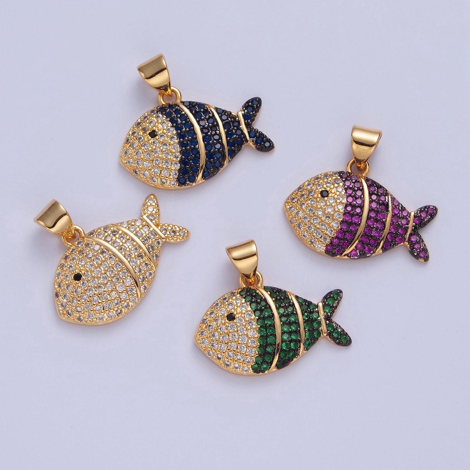 Iced gold clown fish charm micro colorful cz paved sea life fish pendant, sea animal beach life charm | i179