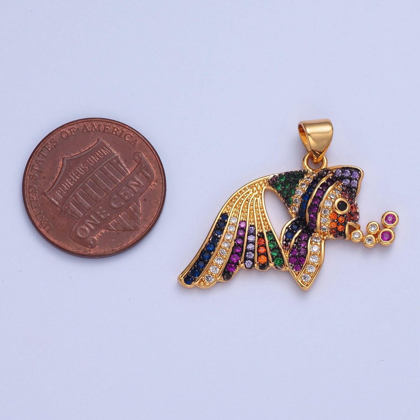 Rainbow gold fish charm micro colorful cz paved sea life fish pendant, sea animal beach life charm | i207