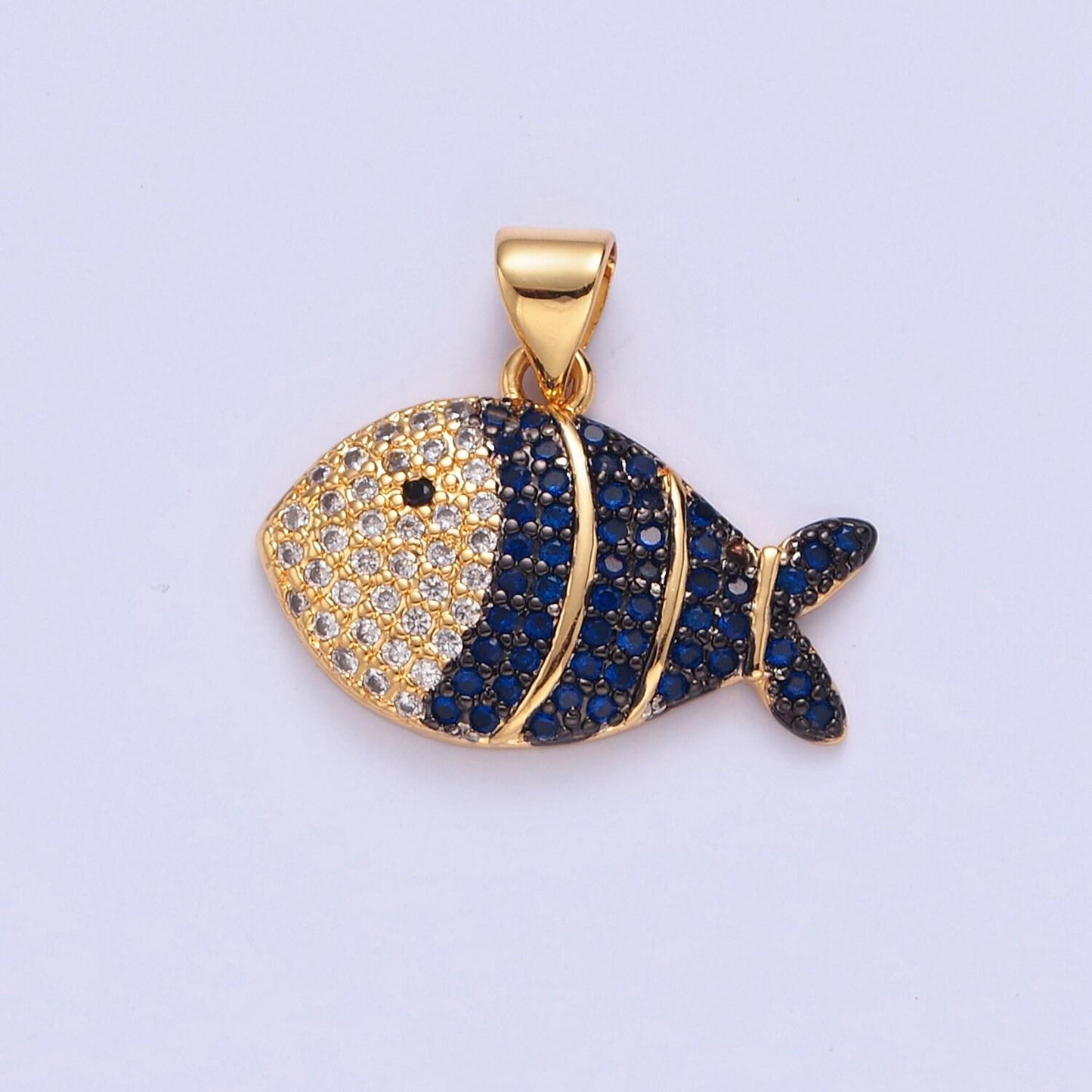 Iced gold clown fish charm micro colorful cz paved sea life fish pendant, sea animal beach life charm | i179