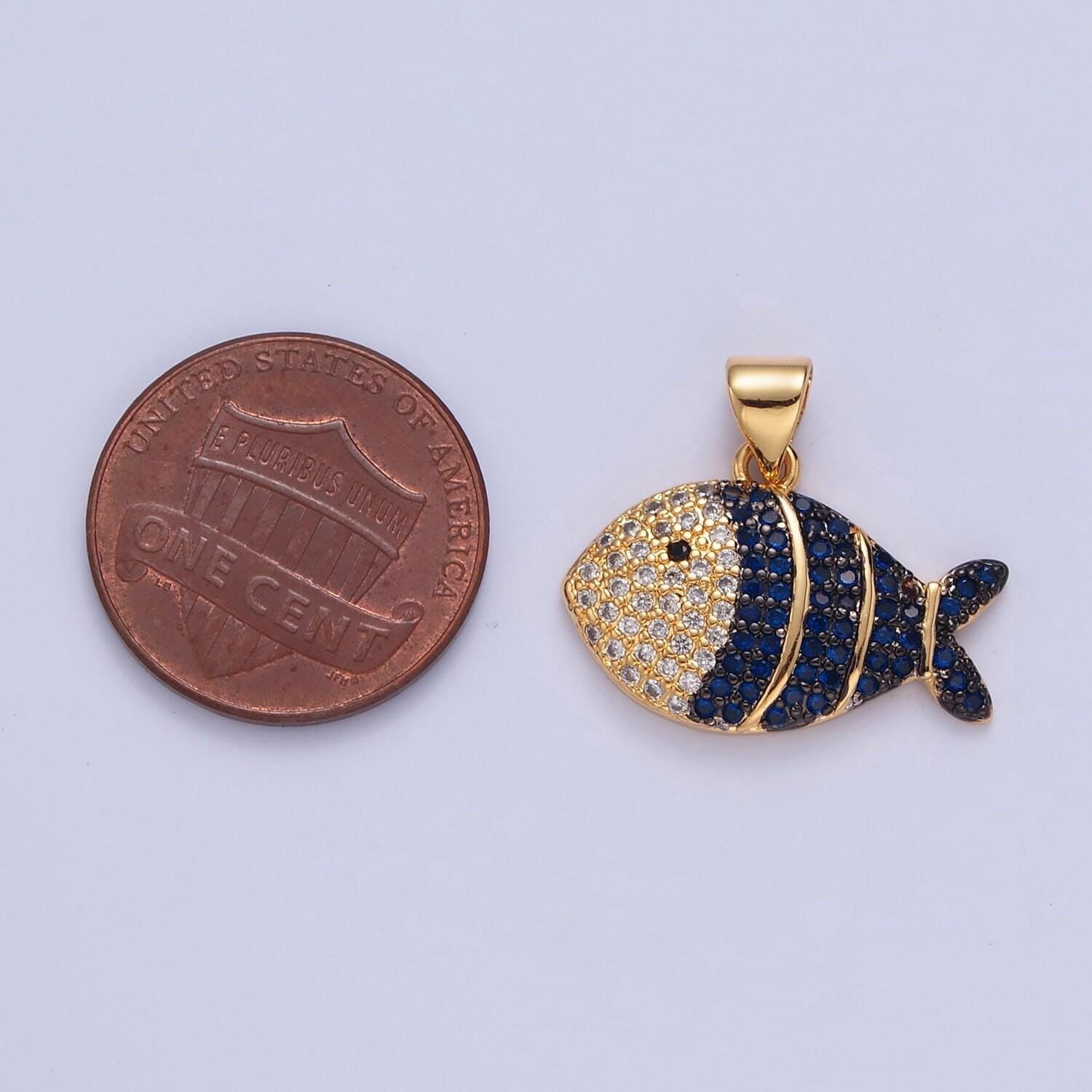 Iced gold clown fish charm micro colorful cz paved sea life fish pendant, sea animal beach life charm | i179