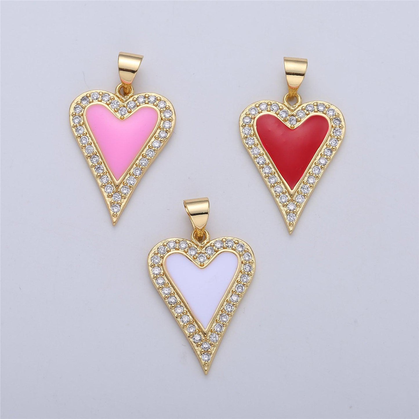 Dainty enamel red heart pendant, pink, red, white heart cz micro pave gold filled heart pendant, enamel pendant, enamel jewelry supply i-166