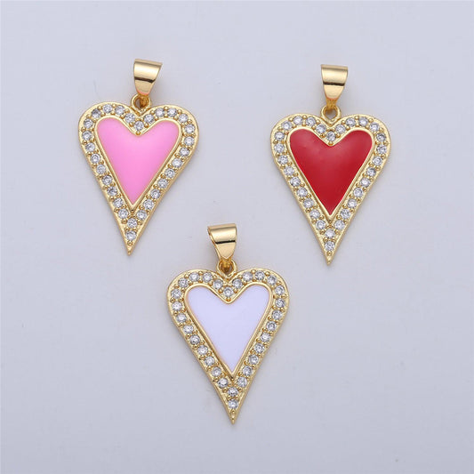 Dainty enamel red heart pendant, pink, red, white heart cz micro pave gold filled heart pendant, enamel pendant, enamel jewelry supply i-166