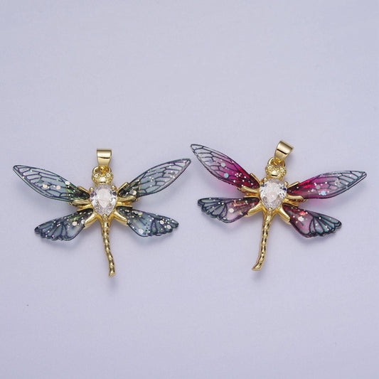 Gold cz blue & fuchsia fairy dragon fly wings pendant, 24k gold filled micro paved cz resin beautiful sparkly insect wings charm
