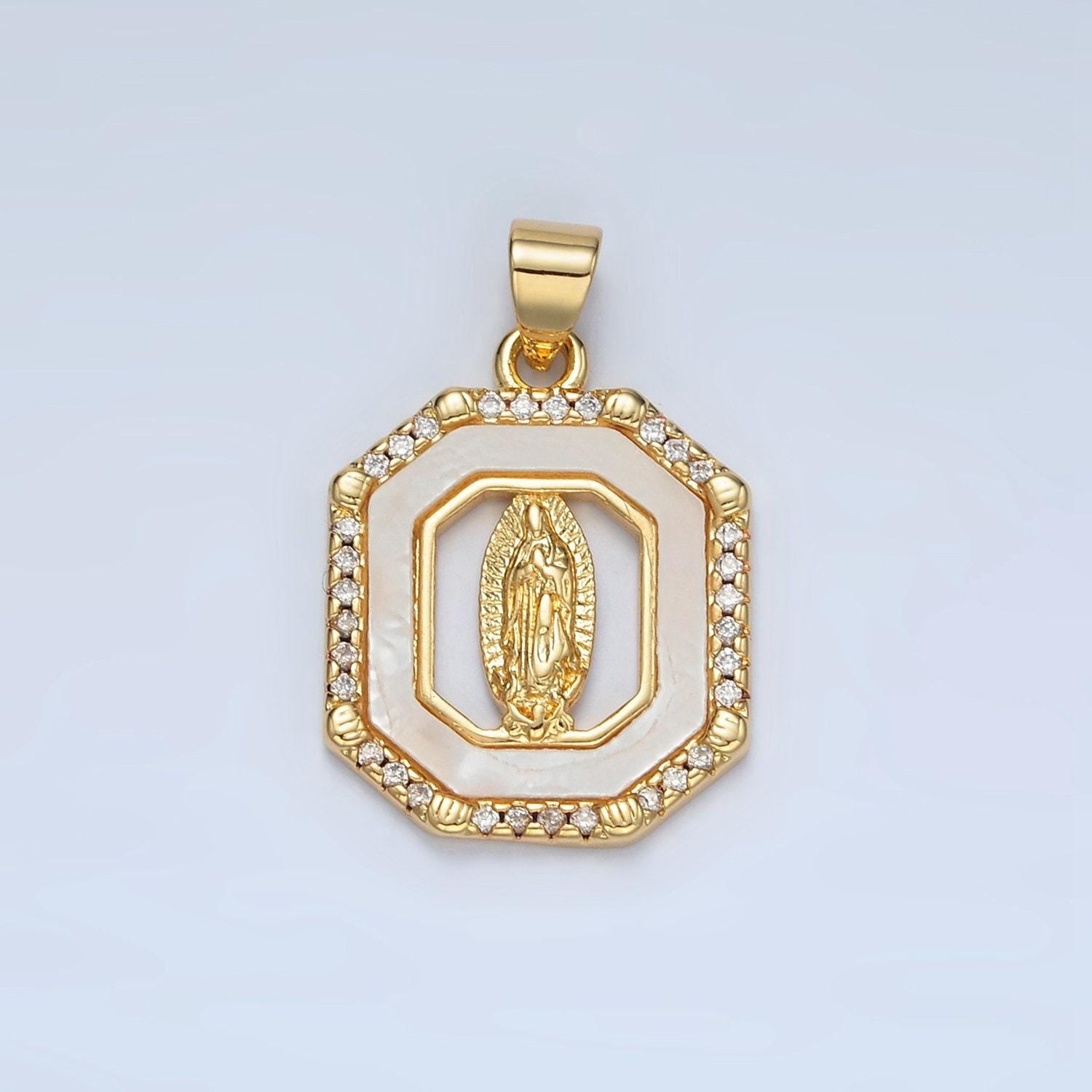 Dainty mother of pearl octagon charm with lady guadalupe pendant for religious bracelet necklace jewelry making virgin mary medallion i154