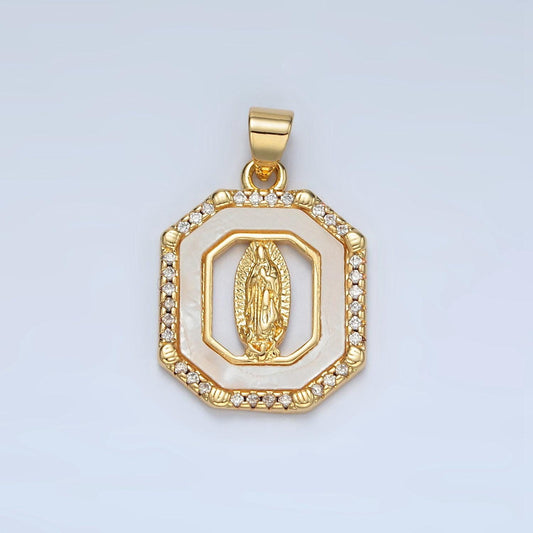 Dainty mother of pearl octagon charm with lady guadalupe pendant for religious bracelet necklace jewelry making virgin mary medallion i154
