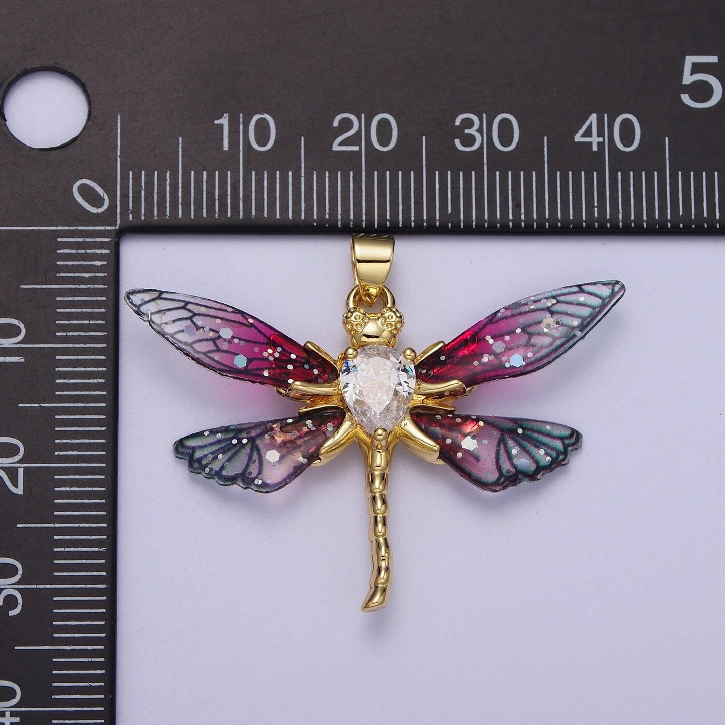 Gold cz blue & fuchsia fairy dragon fly wings pendant, 24k gold filled micro paved cz resin beautiful sparkly insect wings charm