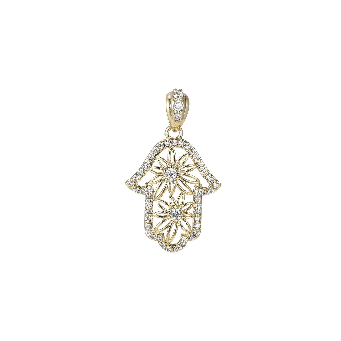 14k gold filled hamsa hand pendant- flower floral cubic hamsa hand charm i-114