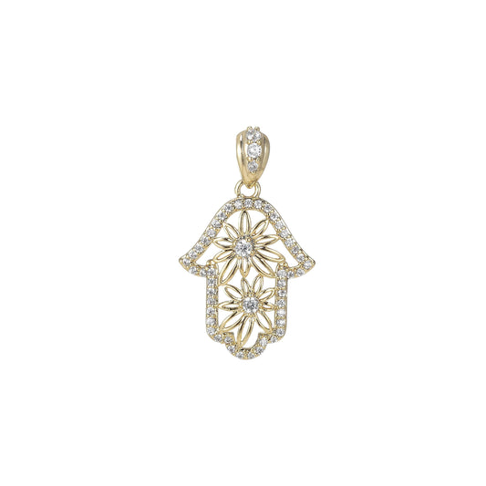 14k gold filled hamsa hand pendant- flower floral cubic hamsa hand charm i-114
