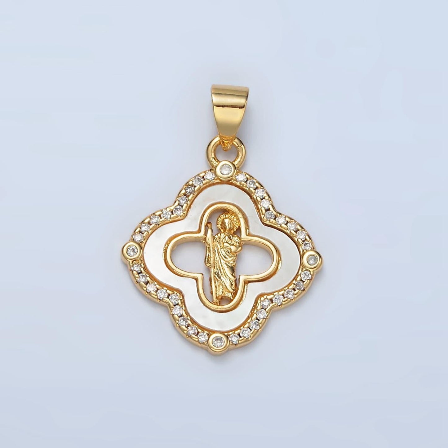 Dainty mother of pearl clover charm with saint jude pendant for religious bracelet necklace making san judas protection jewelry i109