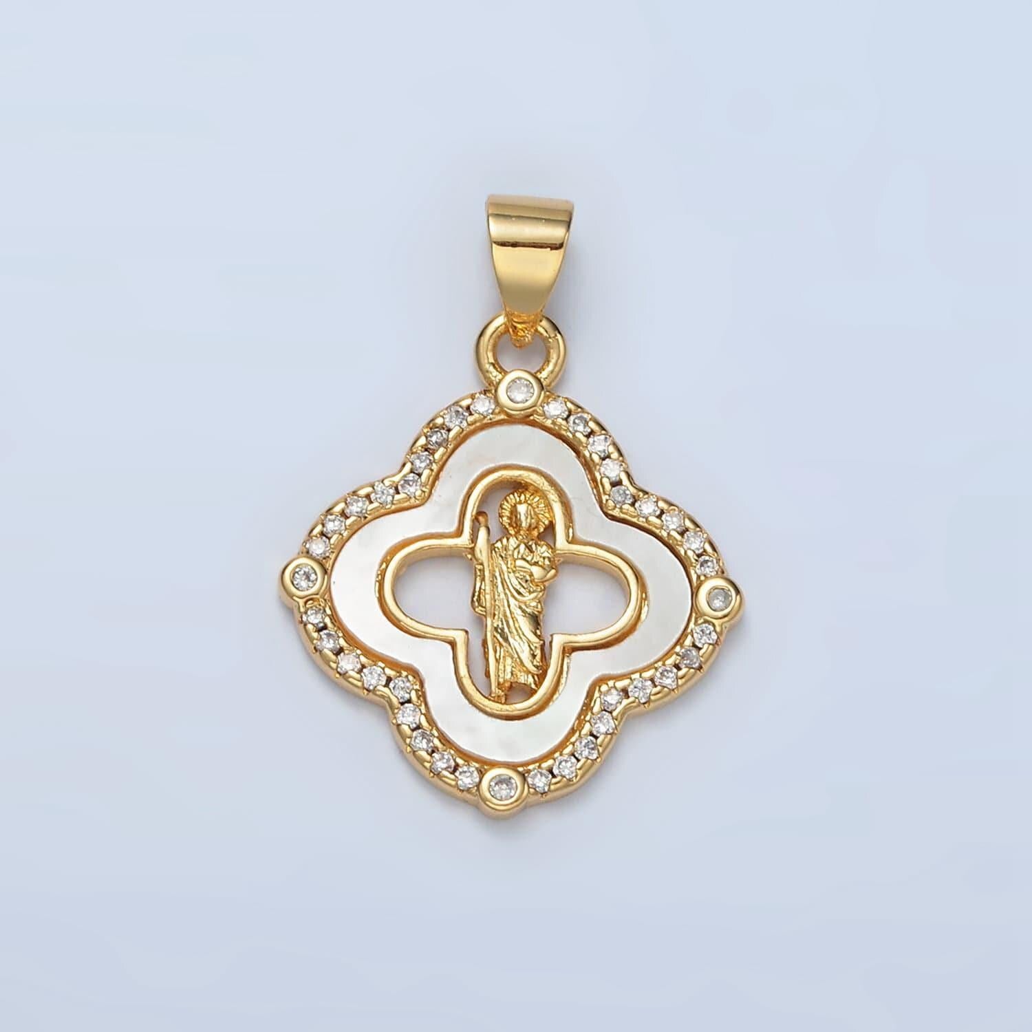 Dainty mother of pearl clover charm with saint jude pendant for religious bracelet necklace making san judas protection jewelry i109