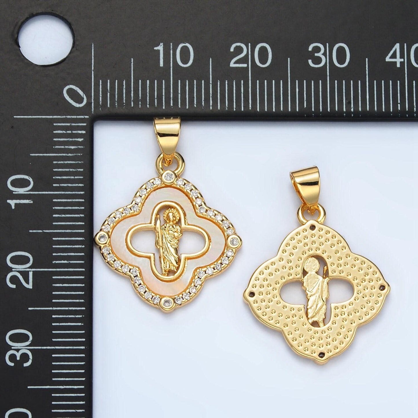Dainty mother of pearl clover charm with saint jude pendant for religious bracelet necklace making san judas protection jewelry i109