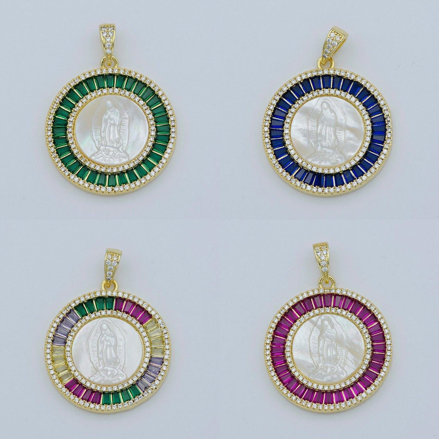 Pearl mother mary gold coin charm necklace, virgin mary medallion our lady of guadalupe cubic pink green blue religious jewelry pendant