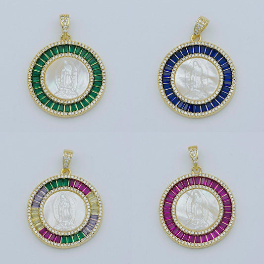 Pearl mother mary gold coin charm necklace, virgin mary medallion our lady of guadalupe cubic pink green blue religious jewelry pendant