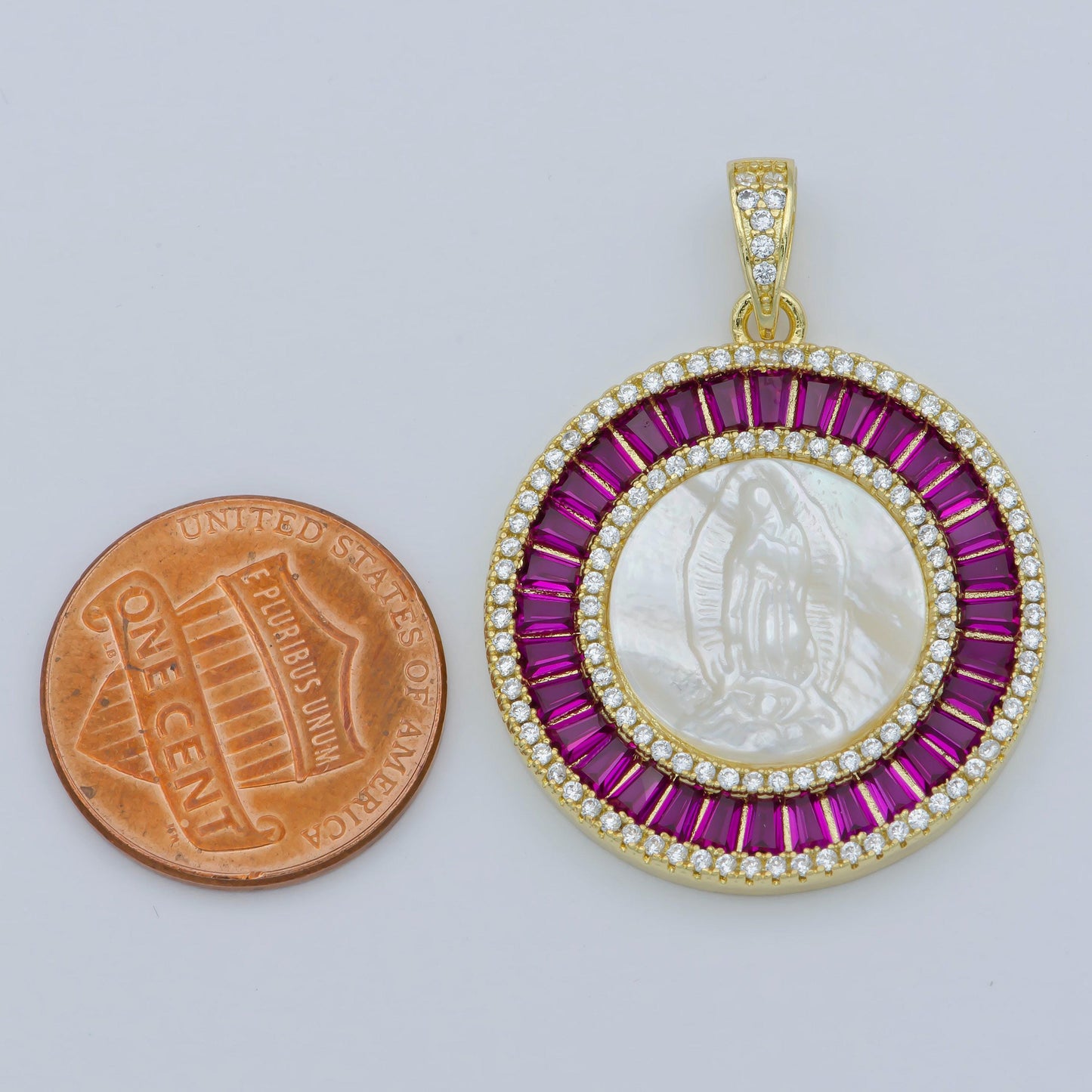 Pearl mother mary gold coin charm necklace, virgin mary medallion our lady of guadalupe cubic pink green blue religious jewelry pendant