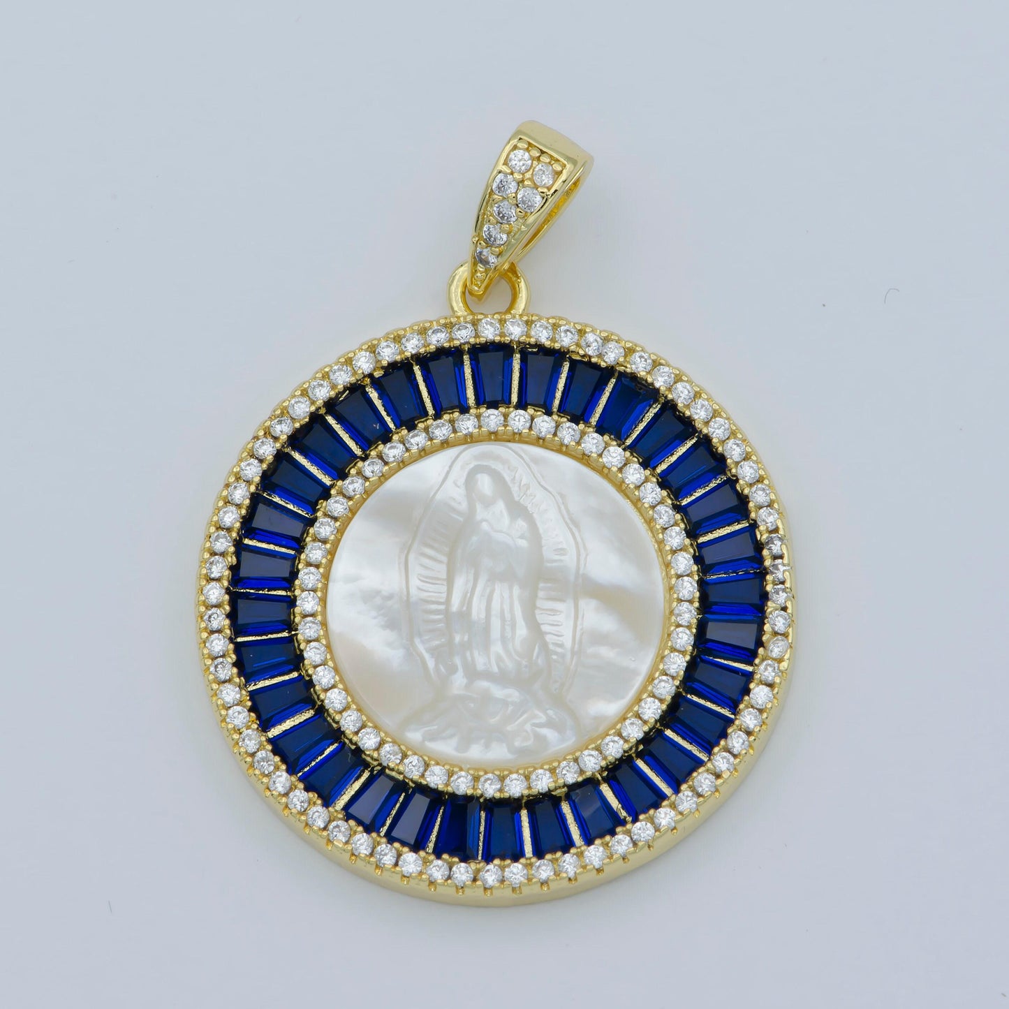 Pearl mother mary gold coin charm necklace, virgin mary medallion our lady of guadalupe cubic pink green blue religious jewelry pendant